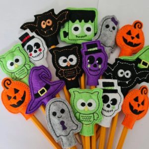 Instant Download pack of 8 Halloween quick stitch Pencil Toppers Machine Embroidery Design in multiple formats Jack o Lantern bat feltie
