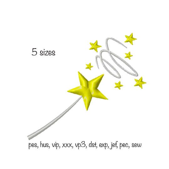 Digital Download 5 sizes Magic Fairy Wand and stars Machine Embroidery Design in formats pec, pes, xxx, jef, sew, exp, vip, vp3, dst, hus