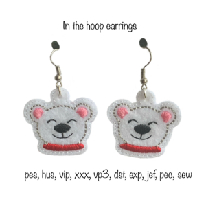 Instant Download Felt Polar Bear Earrings Machine Embroidery Design in format pec pes xxx jef sew exp vip vp3 dst hus in the hoop Christmas