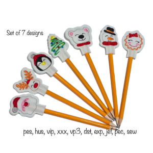 Instant Download set of 7 Christmas quick stitch pencil toppers Machine Embroidery Design in multiple formats in the hoop stocking filler