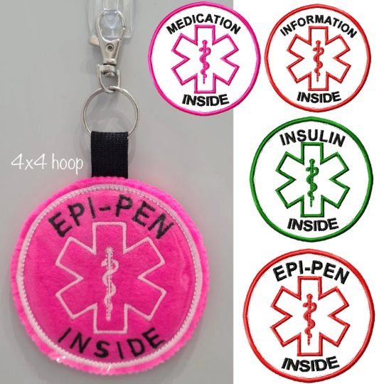 Digital Download 4 in the hoop Medical Alert Bag Charm Tags Fobs Machine Embroidery Design 4x4 hoop in all formats, epi-pen, insulin