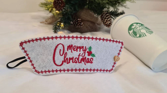 Digital Download Merry Christmas Festive Reusable Felt Mug Wrap Hot Coffee Cup in the hoop Machine Embroidery Design Winter gift