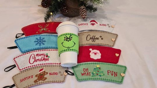 Digital Download Gingerbread Man Festive Reusable Felt Mug Wrap Hot Coffee Cup in the hoop Machine Embroidery Design Christmas Winter