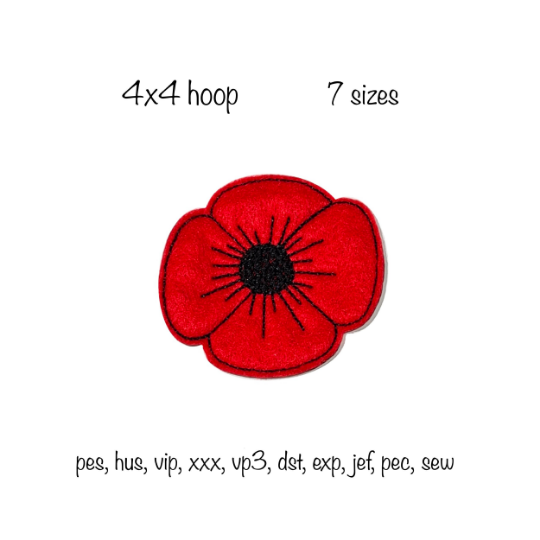 Instant Download 7 sizes poppy flower Feltie outline Machine Embroidery Design in multiple formats in the hoop quick stitch remembrance