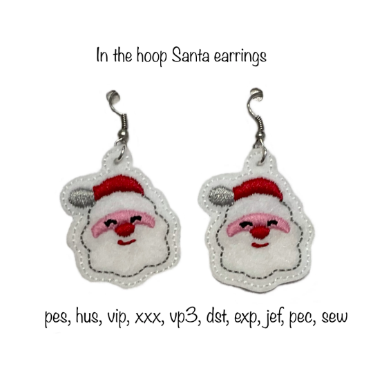 Instant Download Felt Santa Earrings Machine Embroidery Design in formats pec pes xxx jef sew exp vip vp3 dst hus in the hoop Christmas