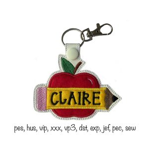 Pencil and apple key ring fob teacher's gift machine embroidery design