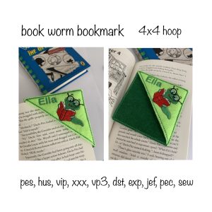 Book worm corner bookmark in the hoop machine embroidery design