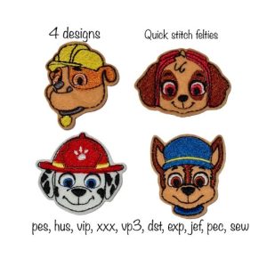 Instant Download Pack of 4 Cartoon Dog paw quick stitch Felties Machine Embroidery Design in multiple formats in the hoop hair magnet tag chase sky marshal rubbel
