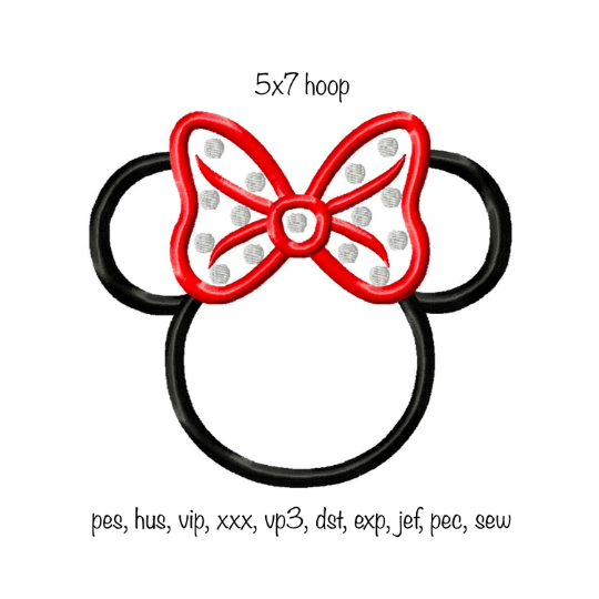 Digital Download Cartoon Mouse Ears Applique Head Machine Embroidery Design 5x7 hoop, multiple formats polka dot bow
